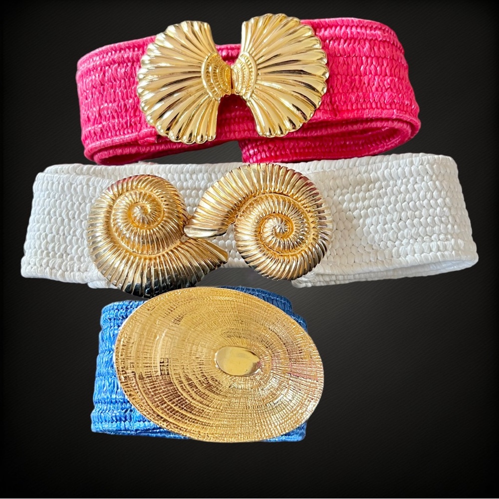 Vintage Lot of 3 Shell Buckle Red, White & Blue Wide Elastic Stretch Cinch Belts - Picture 9 of 10